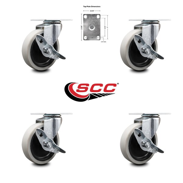 4 Inch Thermoplastic Wheel Top Plate Caster Set with Brakes SCC, 4PK